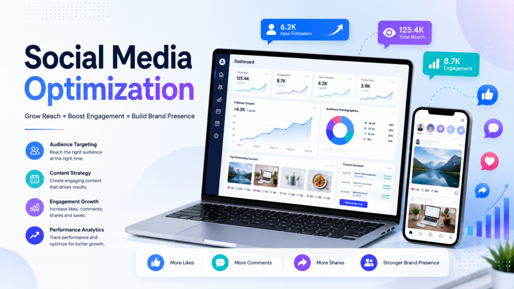 SMO services dashboard displaying social media growth, engagement analytics, audience targeting, and content strategy